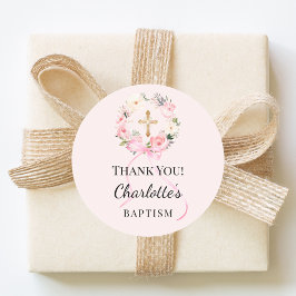 Baptism pink girl florals wreath cross thank you ronde sticker