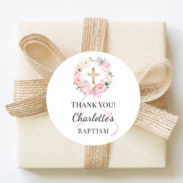 Baptism pink girl florals wreath cross thank you ronde sticker