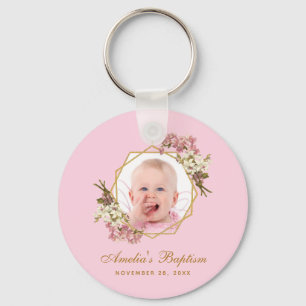Baptism Pink Girl Foto Floral Orchids Gold Cross Sleutelhanger