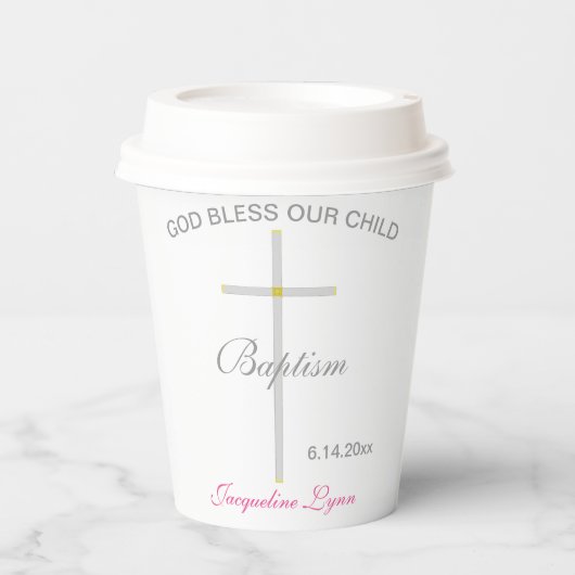 Baptism Pink Girl Name Silver Gold Cross Papieren Bekers (Voorkant)