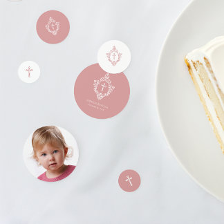 Baptism Pink Girl Photo Dusty Rose Cross in Crest  Confetti