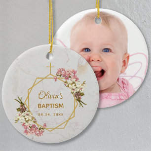 Baptism Pink Gold Girl Foto Orchids Marble Floral Keramisch Ornament