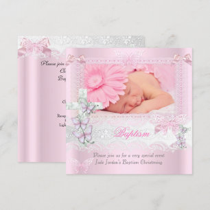 Baptism Pink Lace Photo Butterfly Cross Girl 2 Kaart