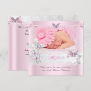Baptism Pink Lace Photo Butterfly Cross Girl Kaart