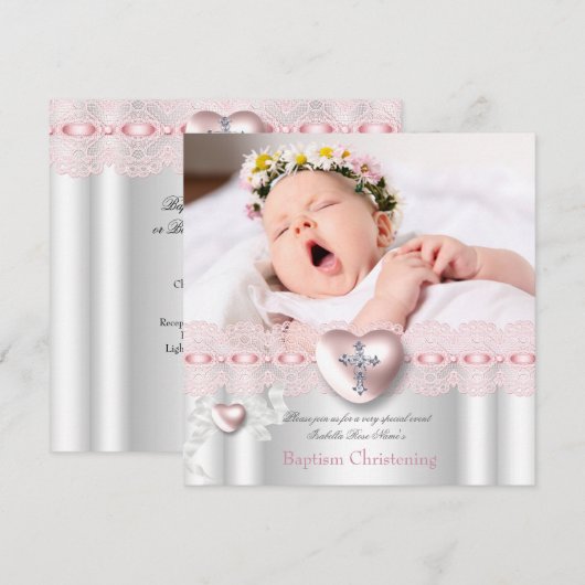 Baptism Pink Silver Photo Heart Cross Girl Kaart (Voorkant / Achterkant)