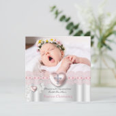 Baptism Pink Silver Photo Heart Cross Girl Kaart (Staand voorkant)