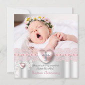 Baptism Pink Silver Photo Heart Cross Girl Kaart (Voorkant)
