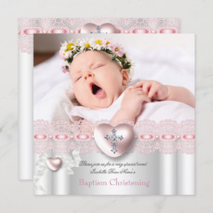 Baptism Pink Silver Photo Heart Cross Girl Kaart
