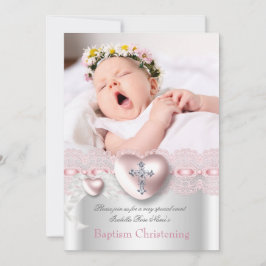 Baptism Pink Silver Photo Heart Cross Girl Kaart