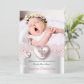 Baptism Pink Silver Photo Heart Cross Girl Kaart (Staand voorkant)