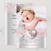 Baptism Pink Silver Photo Heart Cross Girl Kaart (Voorkant / Achterkant)