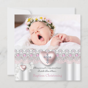 Baptism Pink Silver Photo Heart Cross Girl Pearl Kaart