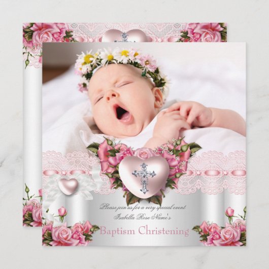 Baptism Pink Silver Photo Heart Cross Girl Roos 2 Kaart (Voorkant / Achterkant)