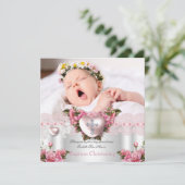 Baptism Pink Silver Photo Heart Cross Girl Roos 2 Kaart (Staand voorkant)