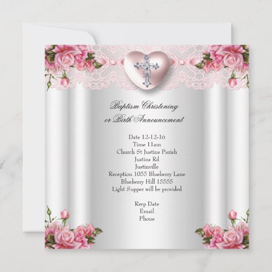 Baptism Pink Silver Photo Heart Cross Girl Roos 2 Kaart (Achterkant)