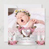 Baptism Pink Silver Photo Heart Cross Girl Roos 2 Kaart (Voorkant)