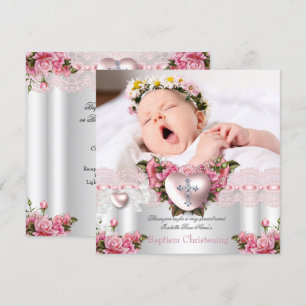 Baptism Pink Silver Photo Heart Cross Girl Roos 2 Kaart