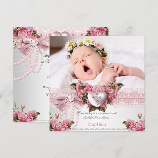 Baptism Pink Silver Photo Heart Cross Girl Roos 4 Kaart (Voorkant / Achterkant)