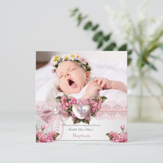 Baptism Pink Silver Photo Heart Cross Girl Roos 4 Kaart (Staand voorkant)