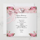 Baptism Pink Silver Photo Heart Cross Girl Roos 4 Kaart (Achterkant)