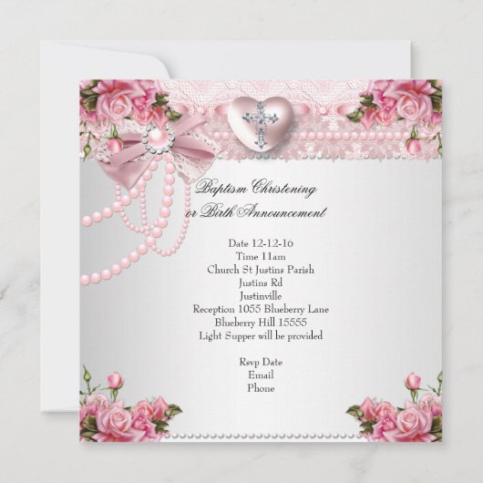 Baptism Pink Silver Photo Heart Cross Girl Roos 4 Kaart (Achterkant)