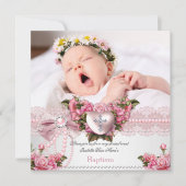 Baptism Pink Silver Photo Heart Cross Girl Roos 4 Kaart (Voorkant)