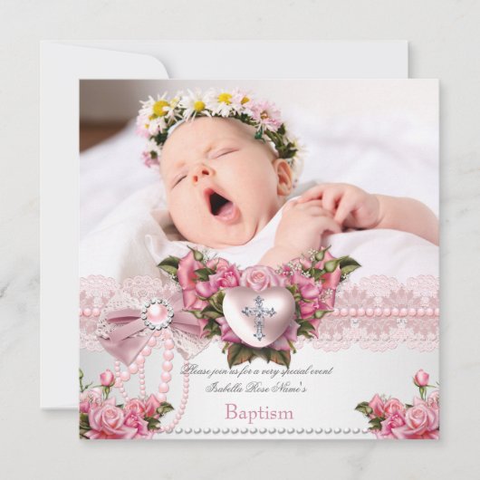 Baptism Pink Silver Photo Heart Cross Girl Roos 4 Kaart (Voorkant)