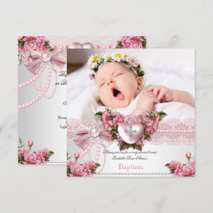 Baptism Pink Silver Photo Heart Cross Girl Roos 4 Kaart