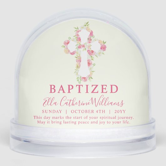 Baptism Pink Watercolor Floral Cross Custom  Sneeuwbol (Voorkant)