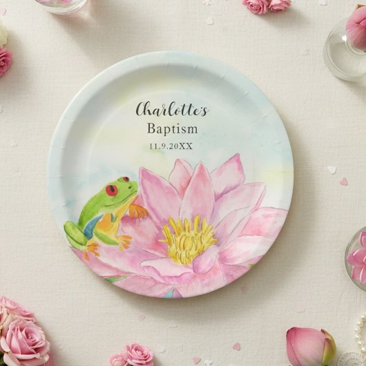 Baptism Pink Waterlily & Tree Frog Papieren Bordje
