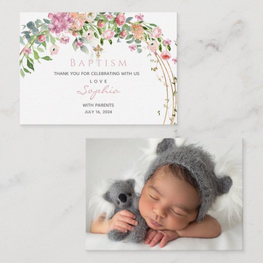 Baptism Pink Waterverf Floral Girl Dank je wel C Notitiekaartje (Voorkant / Achterkant)