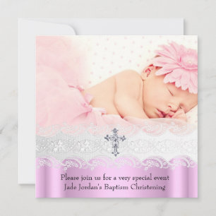 Baptism Pink White Lace Foto Jewel Cross Girl Kaart