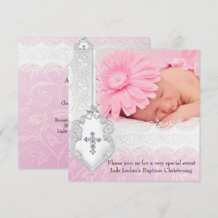 Baptism Pink White Lace Foto Jewel Cross Girl Kaart