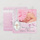 Baptism Pink White Lace Foto van Parelkruis Kaart (Voorkant / Achterkant)