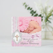 Baptism Pink White Lace Foto van Parelkruis Kaart (Staand voorkant)