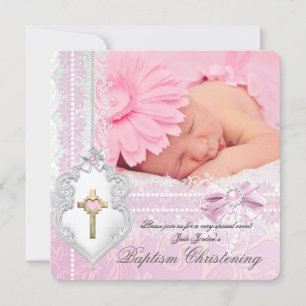 Baptism Pink White Lace Foto van Parelkruis Kaart