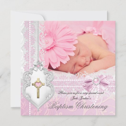 Baptism Pink White Lace Foto van Parelkruis Kaart (Voorkant)
