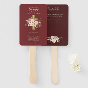 Baptism-programma Fan - Floral Cross Burgundy Handwaaier