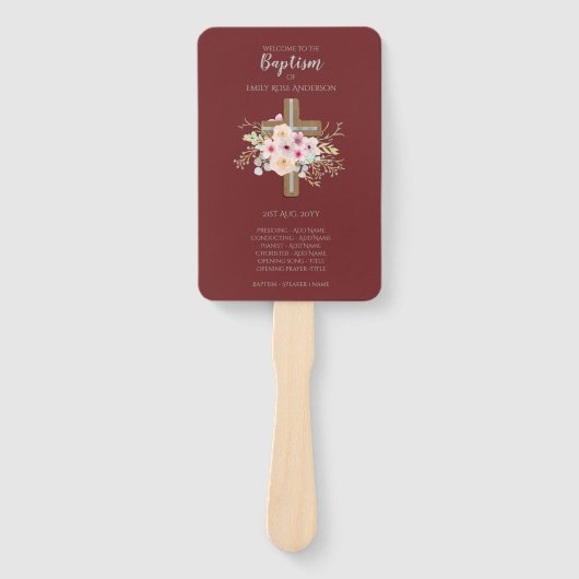 Baptism-programma Fan - Floral Cross Burgundy Handwaaier (Voorkant)