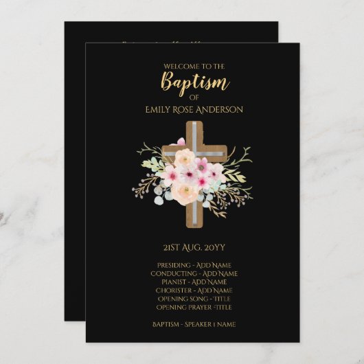 Baptism-programma - Floral Cross Black Gold Programmakaart (Voorkant / Achterkant)