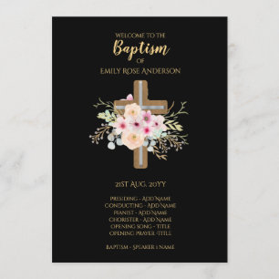Baptism-programma - Floral Cross Black Gold Programmakaart