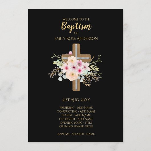 Baptism-programma - Floral Cross Black Gold Programmakaart (Voorkant)