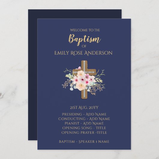 Baptism-programma - Floral Cross BLUE Gold Programmakaart (Voorkant / Achterkant)