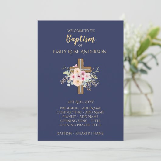 Baptism-programma - Floral Cross BLUE Gold Programmakaart (Staand voorkant)