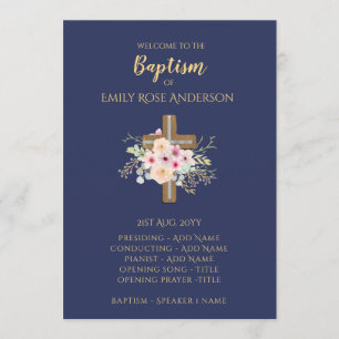 Baptism-programma - Floral Cross BLUE Gold Programmakaart