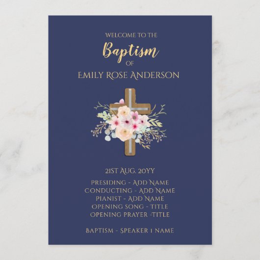 Baptism-programma - Floral Cross BLUE Gold Programmakaart (Voorkant)