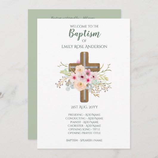 Baptism-programma - Floral Cross - Boy of Girl Programmakaart (Voorkant / Achterkant)