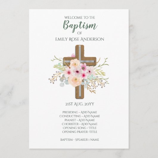 Baptism-programma - Floral Cross - Boy of Girl Programmakaart (Voorkant)