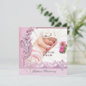  Baptism Roze meisje Foto Butterfly Lace Kaart (Staand voorkant)