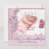  Baptism Roze meisje Foto Butterfly Lace Kaart (Voorkant)